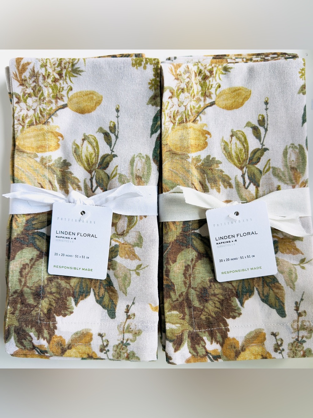 8 Pottery Barn Linden Yellow Floral 20” sq 100% Cotton Napkins, NWT, Retail $96